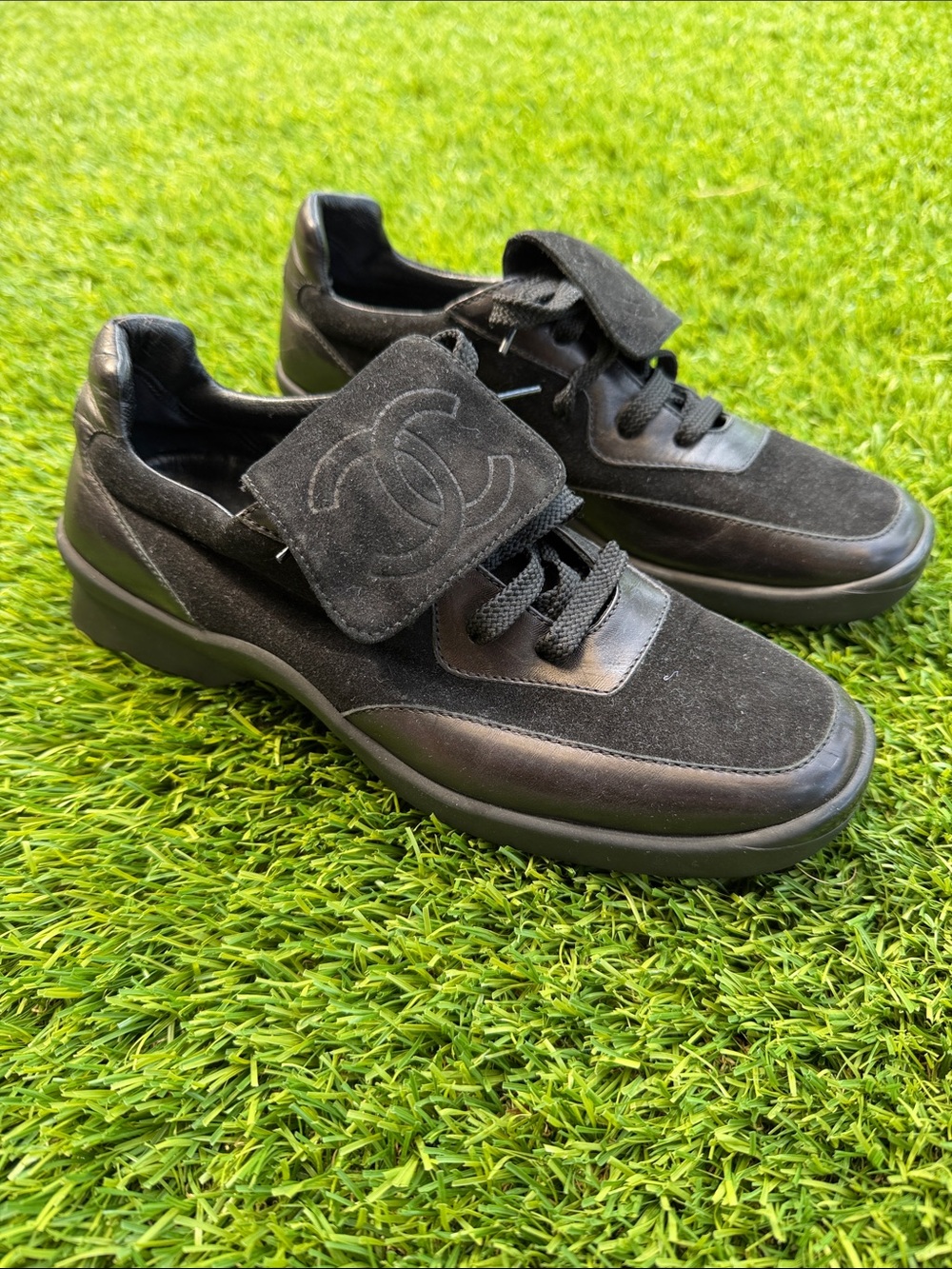 CHANEL Black Suede & Leather CC Logo Strap Sneakers